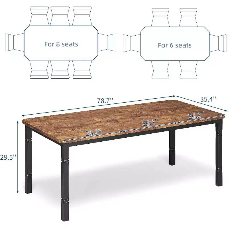 Table à manger longue industrielle pour 6-8 personnes, table de cuisine rectangulaire en bois avec cadre métallique robuste, style ferme moderne pour salle à manger et cuisine.
