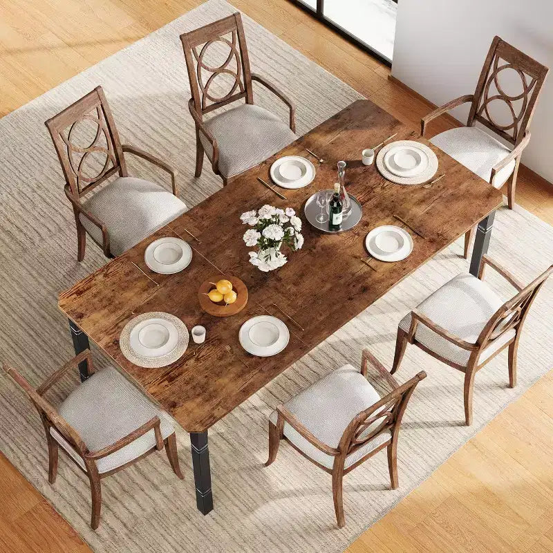 Table à manger longue industrielle pour 6-8 personnes, table de cuisine rectangulaire en bois avec cadre métallique robuste, style ferme moderne pour salle à manger et cuisine.