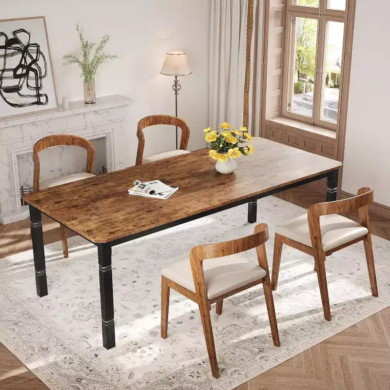 Table à manger longue industrielle pour 6-8 personnes, table de cuisine rectangulaire en bois avec cadre métallique robuste, style ferme moderne pour salle à manger et cuisine.