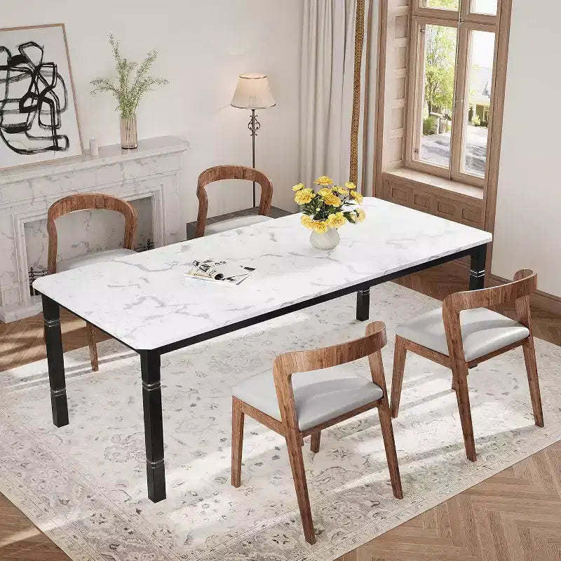 Table à manger longue industrielle pour 6-8 personnes, table de cuisine rectangulaire en bois avec cadre métallique robuste, style ferme moderne pour salle à manger et cuisine.