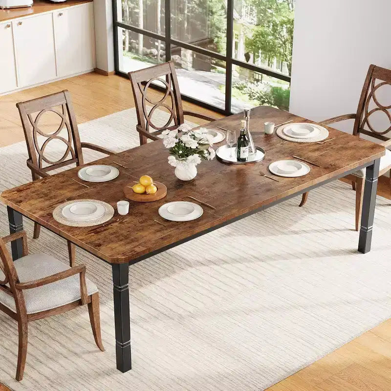 Table à manger longue industrielle pour 6-8 personnes, table de cuisine rectangulaire en bois avec cadre métallique robuste, style ferme moderne pour salle à manger et cuisine.