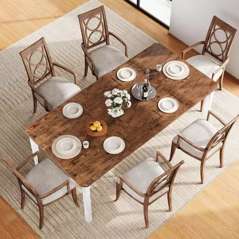 Table à manger longue industrielle pour 6-8 personnes, table de cuisine rectangulaire en bois avec cadre métallique robuste, style ferme moderne pour salle à manger et cuisine.