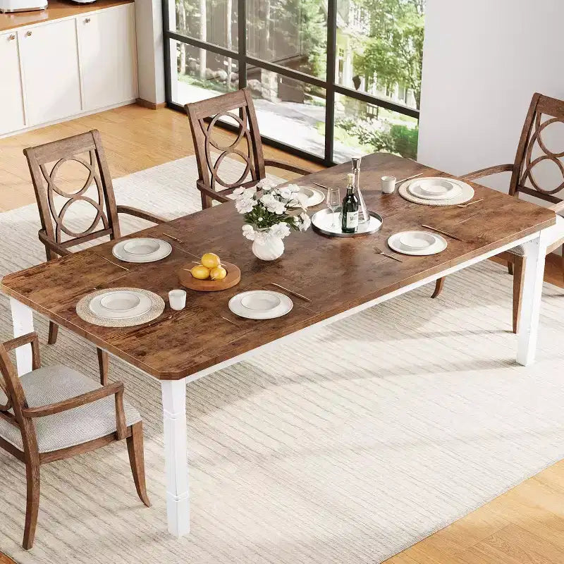 Table à manger longue industrielle pour 6-8 personnes, table de cuisine rectangulaire en bois avec cadre métallique robuste, style ferme moderne pour salle à manger et cuisine.