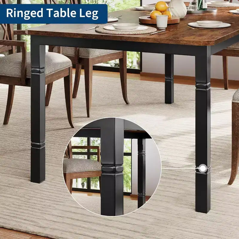 Table à manger longue industrielle pour 6-8 personnes, table de cuisine rectangulaire en bois avec cadre métallique robuste, style ferme moderne pour salle à manger et cuisine.