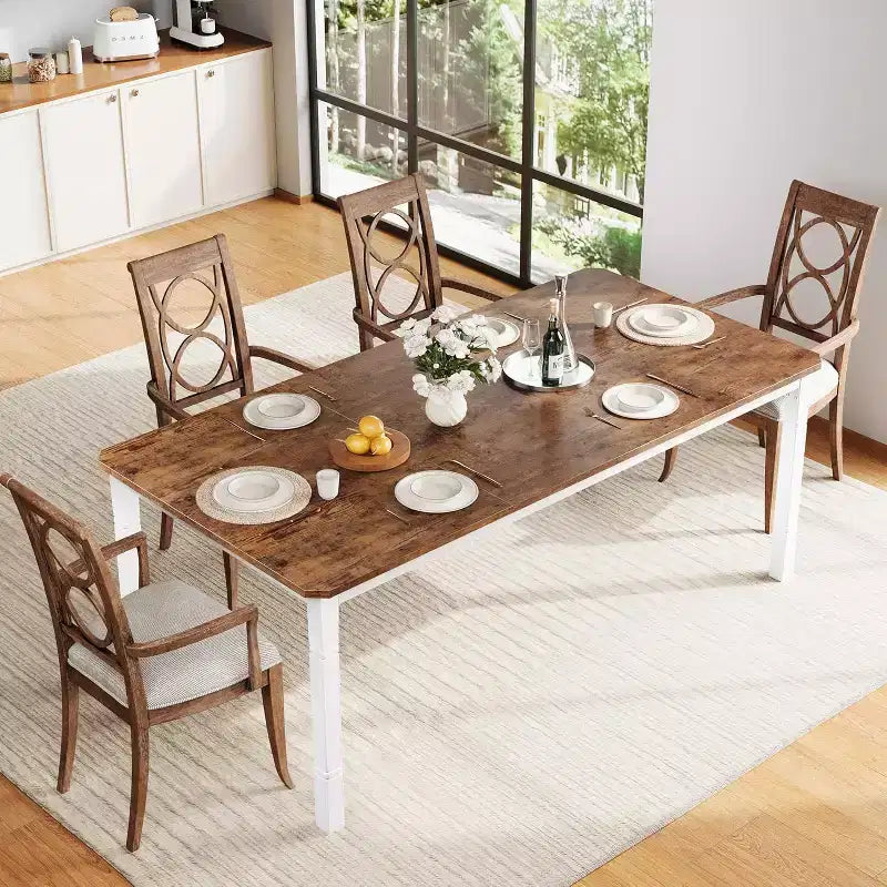 Table à manger longue industrielle pour 6-8 personnes, table de cuisine rectangulaire en bois avec cadre métallique robuste, style ferme moderne pour salle à manger et cuisine.