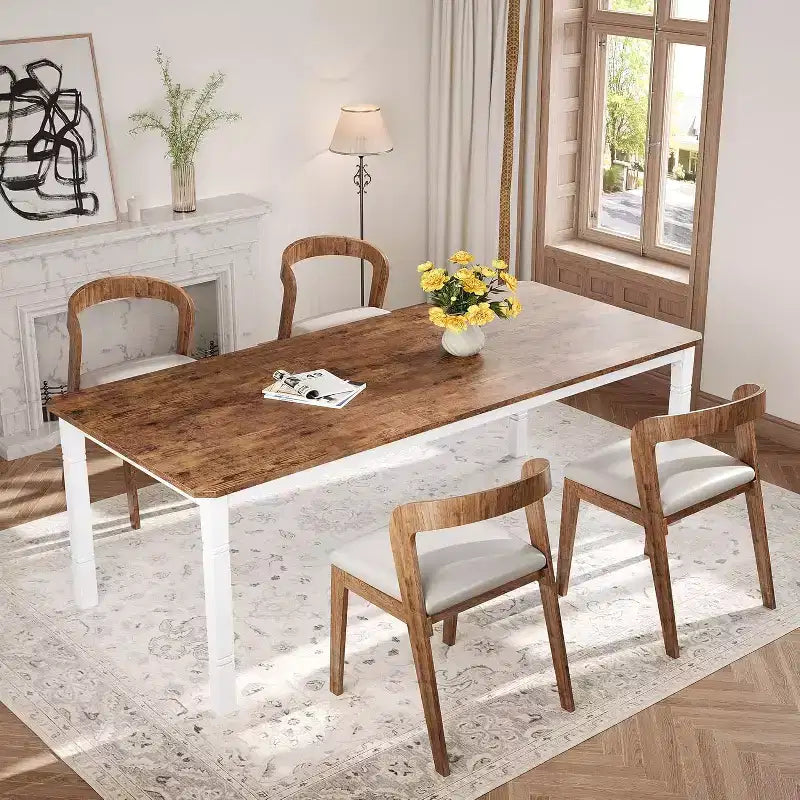 Table à manger longue industrielle pour 6-8 personnes, table de cuisine rectangulaire en bois avec cadre métallique robuste, style ferme moderne pour salle à manger et cuisine.