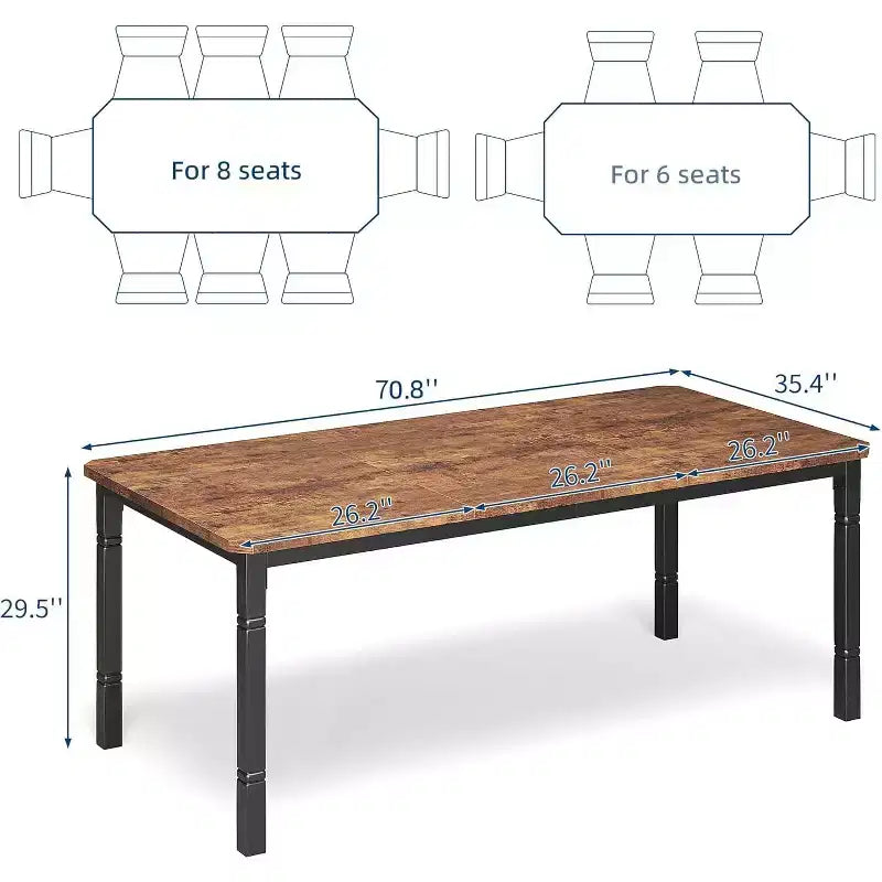 Table à manger longue industrielle pour 6-8 personnes, table de cuisine rectangulaire en bois avec cadre métallique robuste, style ferme moderne pour salle à manger et cuisine.