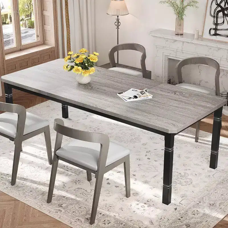 Table à manger longue industrielle pour 6-8 personnes, table de cuisine rectangulaire en bois avec cadre métallique robuste, style ferme moderne pour salle à manger et cuisine.