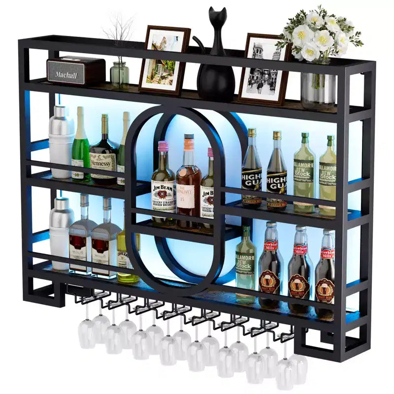 Étagère à vin murale 39/47, étagères de bar flottantes en métal avec porte-verres à vin, étagère à liqueur industrielle pour bar à domicile, cuisine, salle à manger