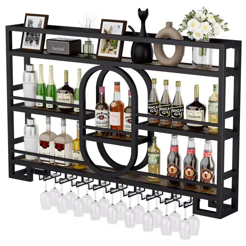 Étagère à vin murale 39/47, étagères de bar flottantes en métal avec porte-verres à vin, étagère à liqueur industrielle pour bar à domicile, cuisine, salle à manger