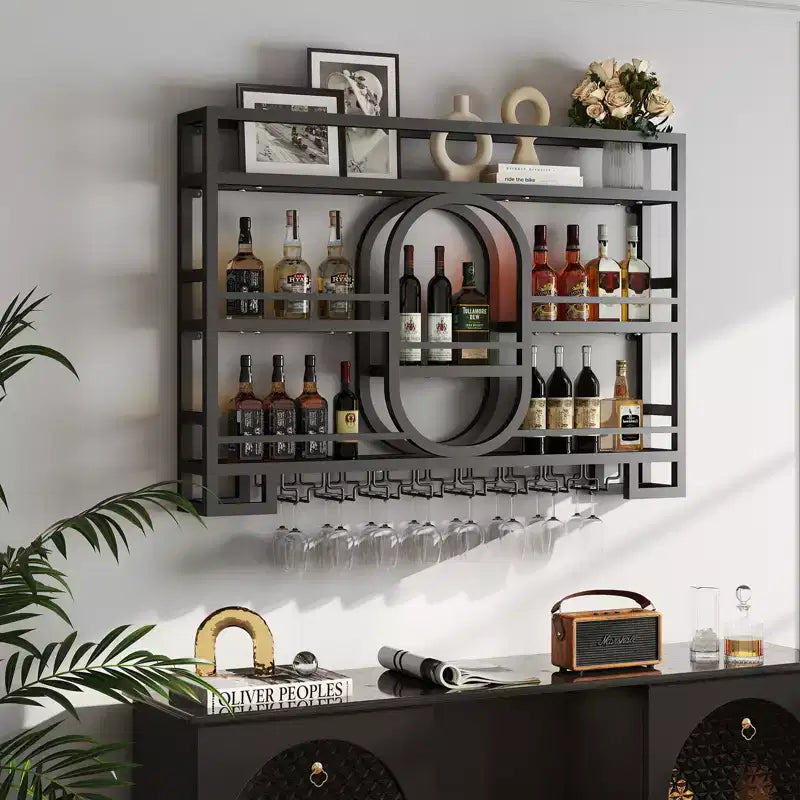 Bekrvio 39/47 Wall Mounted Wine Rack, Metal Floating Bar Shelves with Wine Glass Holder, Industrial Liquor Shelf for Home Bar Kitchen Dining