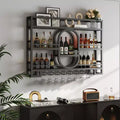 Bekrvio 39/47 Wall Mounted Wine Rack, Metal Floating Bar Shelves with Wine Glass Holder, Industrial Liquor Shelf for Home Bar Kitchen Dining