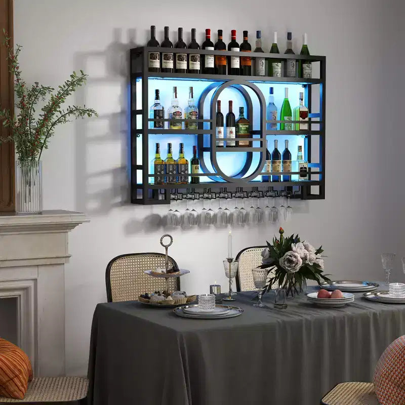 Étagère à vin murale 39/47, étagères de bar flottantes en métal avec porte-verres à vin, étagère à liqueur industrielle pour bar à domicile, cuisine, salle à manger