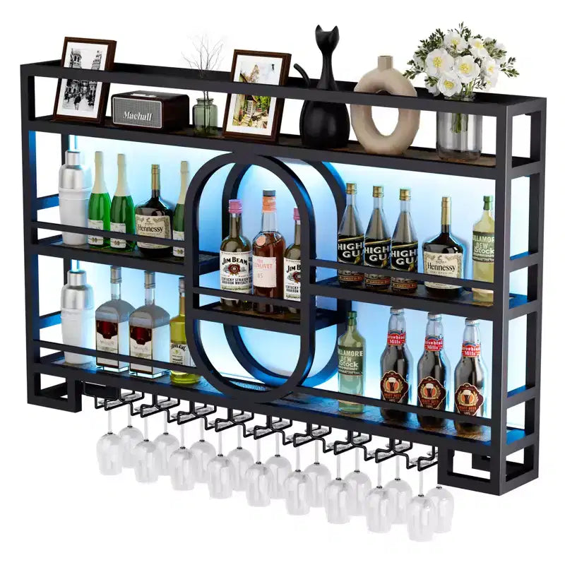 Étagère à vin murale 39/47, étagères de bar flottantes en métal avec porte-verres à vin, étagère à liqueur industrielle pour bar à domicile, cuisine, salle à manger