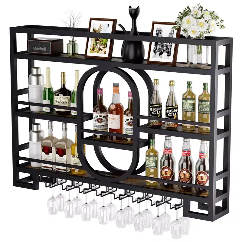 Étagère à vin murale 39/47, étagères de bar flottantes en métal avec porte-verres à vin, étagère à liqueur industrielle pour bar à domicile, cuisine, salle à manger