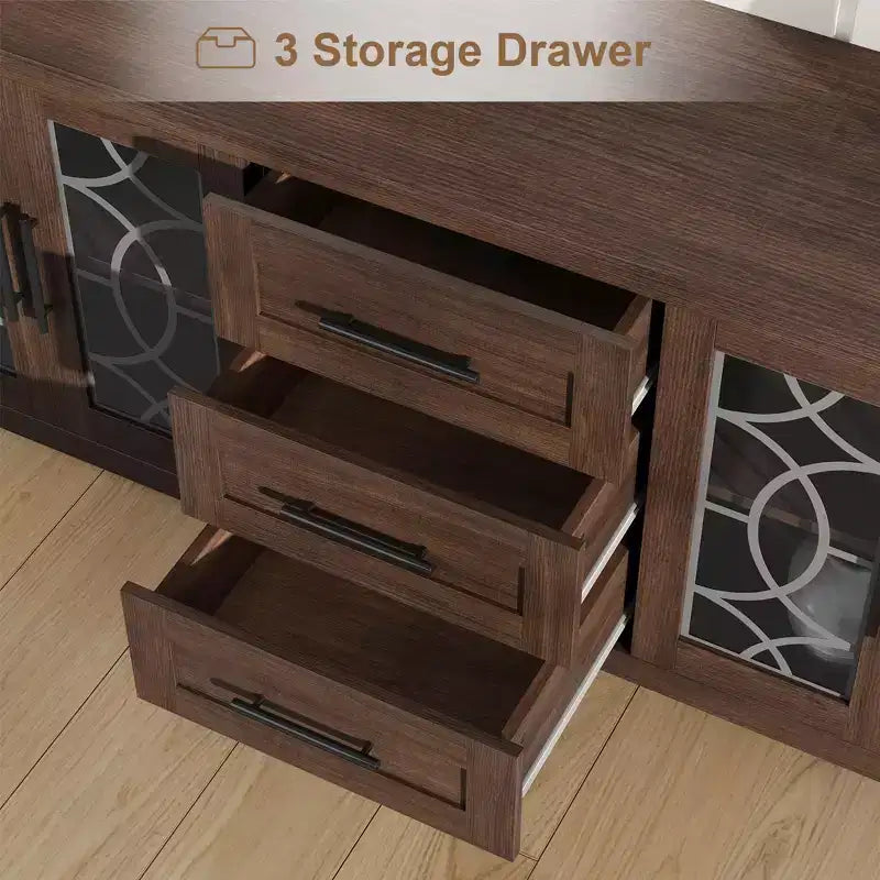Meuble TV de 65 po pour téléviseurs jusqu'à 70 po – Meuble de divertissement moderne du milieu du siècle avec 2 portes vitrées et 3 tiroirs – Console multimédia en bois