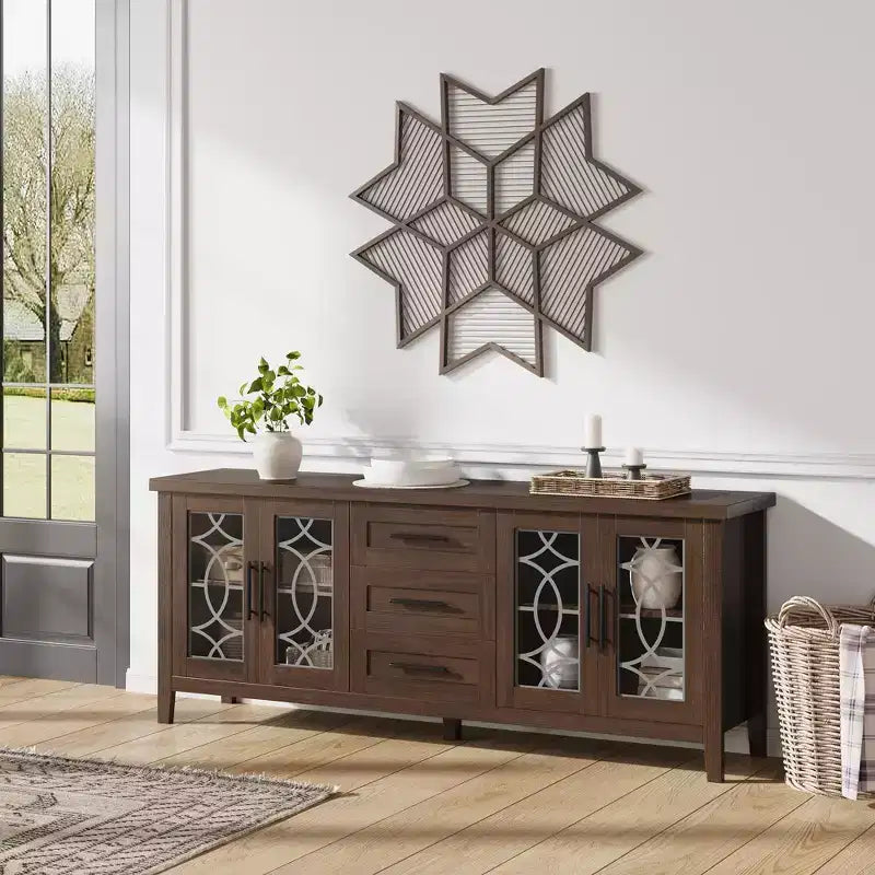 Meuble TV de 65 po pour téléviseurs jusqu'à 70 po – Meuble de divertissement moderne du milieu du siècle avec 2 portes vitrées et 3 tiroirs – Console multimédia en bois