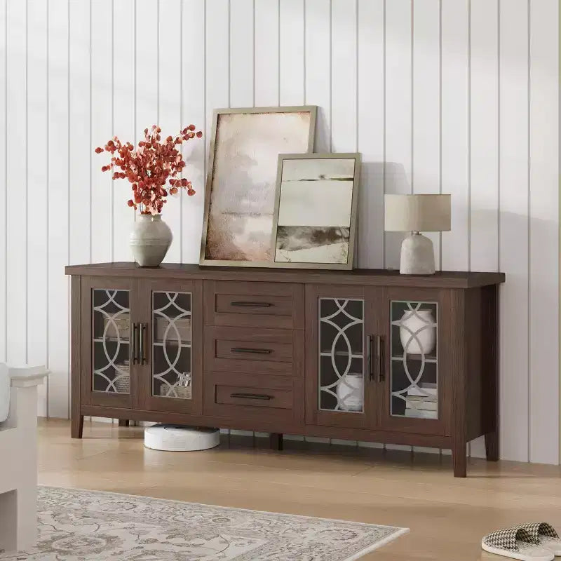 Meuble TV de 65 po pour téléviseurs jusqu'à 70 po – Meuble de divertissement moderne du milieu du siècle avec 2 portes vitrées et 3 tiroirs – Console multimédia en bois