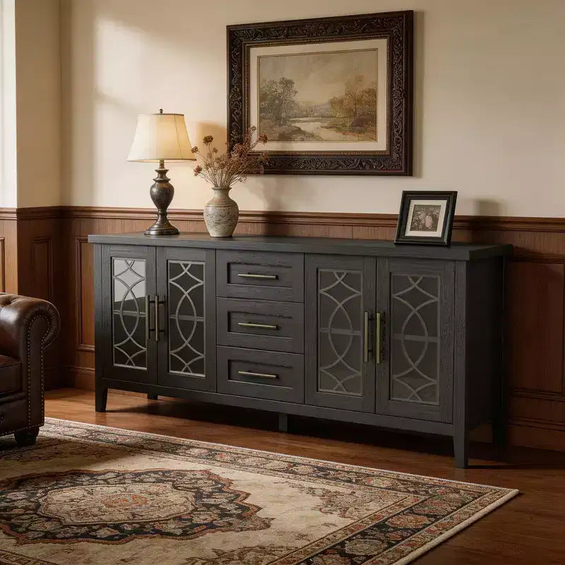 Meuble TV de 65 po pour téléviseurs jusqu'à 70 po – Meuble de divertissement moderne du milieu du siècle avec 2 portes vitrées et 3 tiroirs – Console multimédia en bois