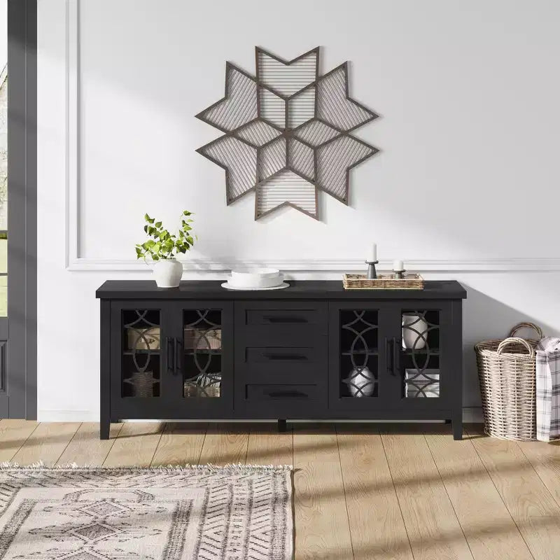 Meuble TV de 65 po pour téléviseurs jusqu'à 70 po – Meuble de divertissement moderne du milieu du siècle avec 2 portes vitrées et 3 tiroirs – Console multimédia en bois