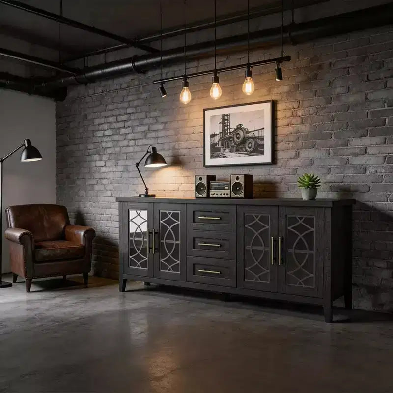 Meuble TV de 65 po pour téléviseurs jusqu'à 70 po – Meuble de divertissement moderne du milieu du siècle avec 2 portes vitrées et 3 tiroirs – Console multimédia en bois