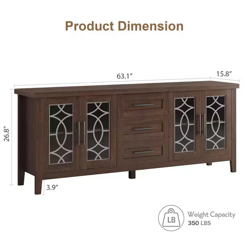 Meuble TV de 65 po pour téléviseurs jusqu'à 70 po – Meuble de divertissement moderne du milieu du siècle avec 2 portes vitrées et 3 tiroirs – Console multimédia en bois