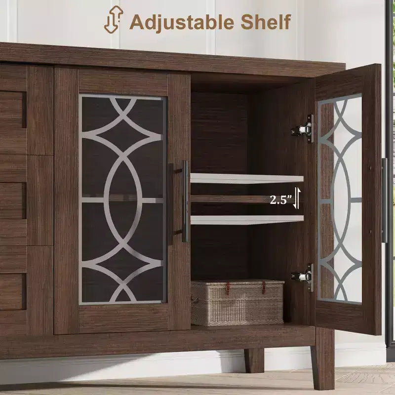 Meuble TV de 65 po pour téléviseurs jusqu'à 70 po – Meuble de divertissement moderne du milieu du siècle avec 2 portes vitrées et 3 tiroirs – Console multimédia en bois