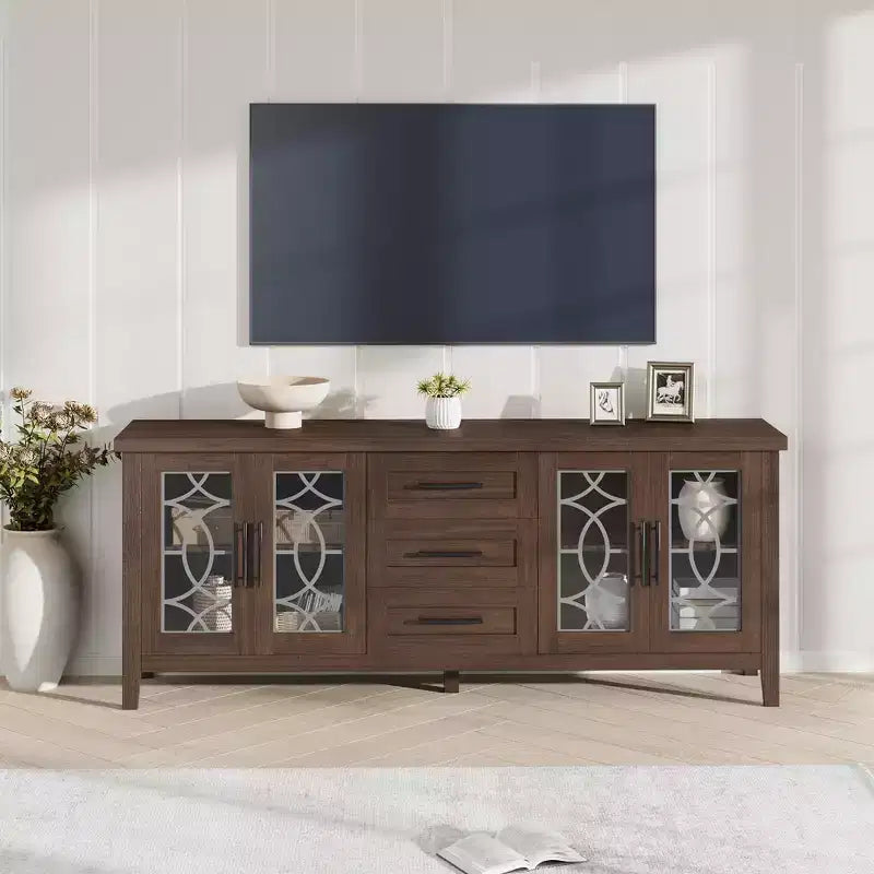 Meuble TV de 65 po pour téléviseurs jusqu'à 70 po – Meuble de divertissement moderne du milieu du siècle avec 2 portes vitrées et 3 tiroirs – Console multimédia en bois