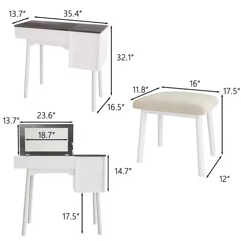Coiffeuse blanche avec miroir rabattable, 2 tiroirs et 8 compartiments pour chambre, design 3-en-1, peu encombrant