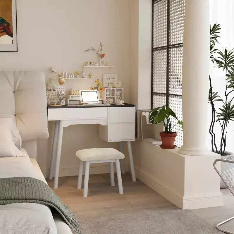Coiffeuse blanche avec miroir rabattable, 2 tiroirs et 8 compartiments pour chambre, design 3-en-1, peu encombrant