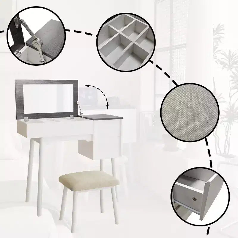 Coiffeuse blanche avec miroir rabattable, 2 tiroirs et 8 compartiments pour chambre, design 3-en-1, peu encombrant