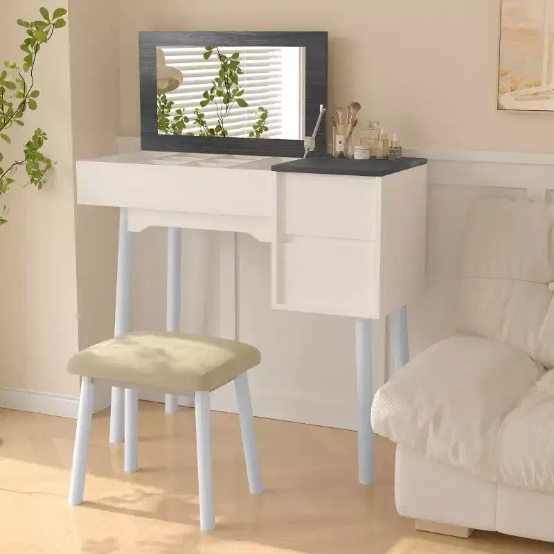 Coiffeuse blanche avec miroir rabattable, 2 tiroirs et 8 compartiments pour chambre, design 3-en-1, peu encombrant
