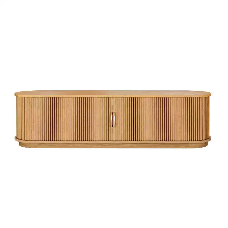 Meuble TV Vintage Rustique avec Portes Coulissantes à Lattes, Console Multimédia de Ferme Cannelée de 75 po avec Tiroir (Grain de Bois Naturel)