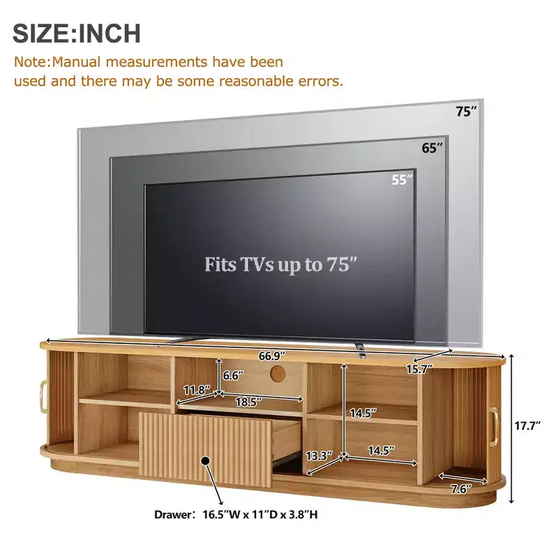 Meuble TV Vintage Rustique avec Portes Coulissantes à Lattes, Console Multimédia de Ferme Cannelée de 75 po avec Tiroir (Grain de Bois Naturel)
