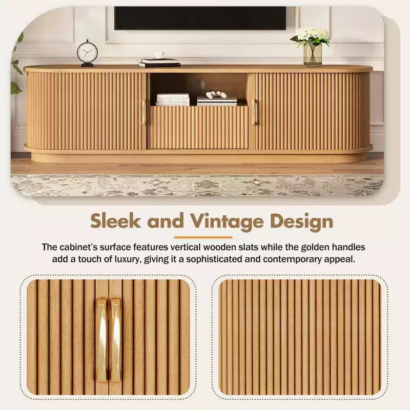 Meuble TV Vintage Rustique avec Portes Coulissantes à Lattes, Console Multimédia de Ferme Cannelée de 75 po avec Tiroir (Grain de Bois Naturel)