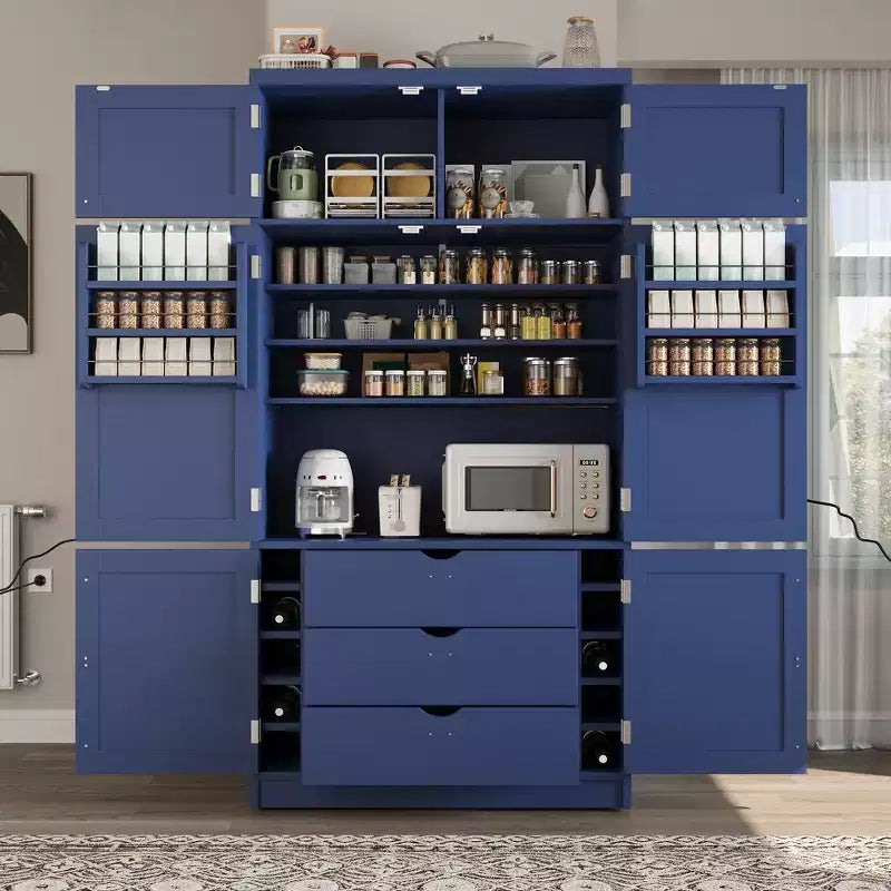 Grand meuble de garde-manger de cuisine avec prises électriques, grand placard autoportant avec support pour micro-ondes, tiroirs, étagères, casiers à vin et étagère de porte