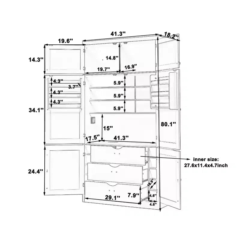 Grand meuble de garde-manger de cuisine avec prises électriques, grand placard autoportant avec support pour micro-ondes, tiroirs, étagères, casiers à vin et étagère de porte