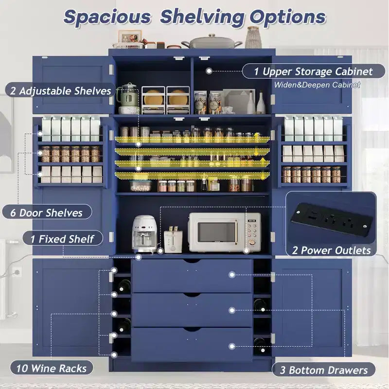 Grand meuble de garde-manger de cuisine avec prises électriques, grand placard autoportant avec support pour micro-ondes, tiroirs, étagères, casiers à vin et étagère de porte