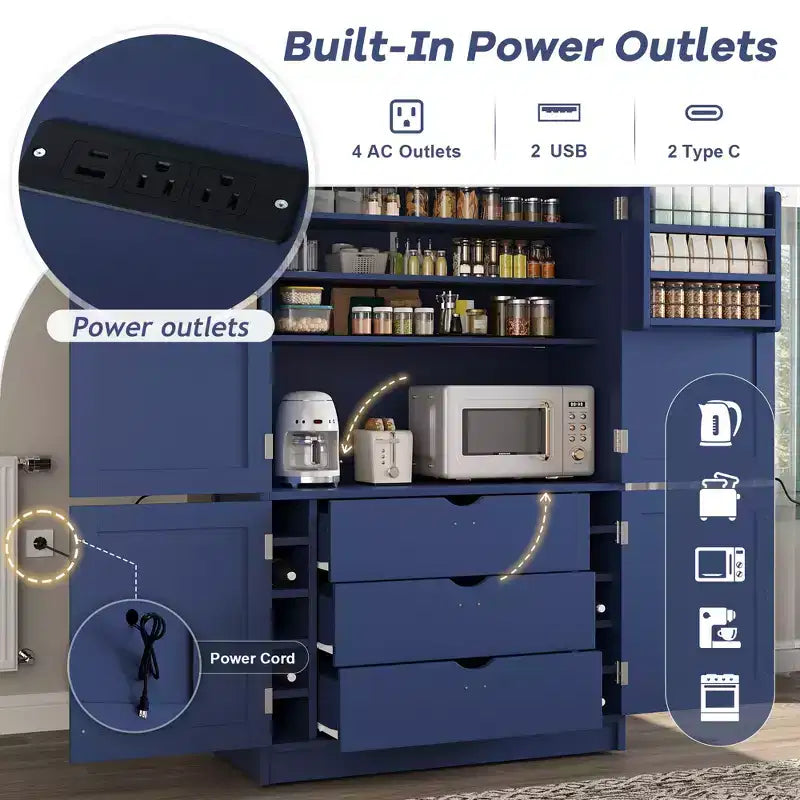 Grand meuble de garde-manger de cuisine avec prises électriques, grand placard autoportant avec support pour micro-ondes, tiroirs, étagères, casiers à vin et étagère de porte