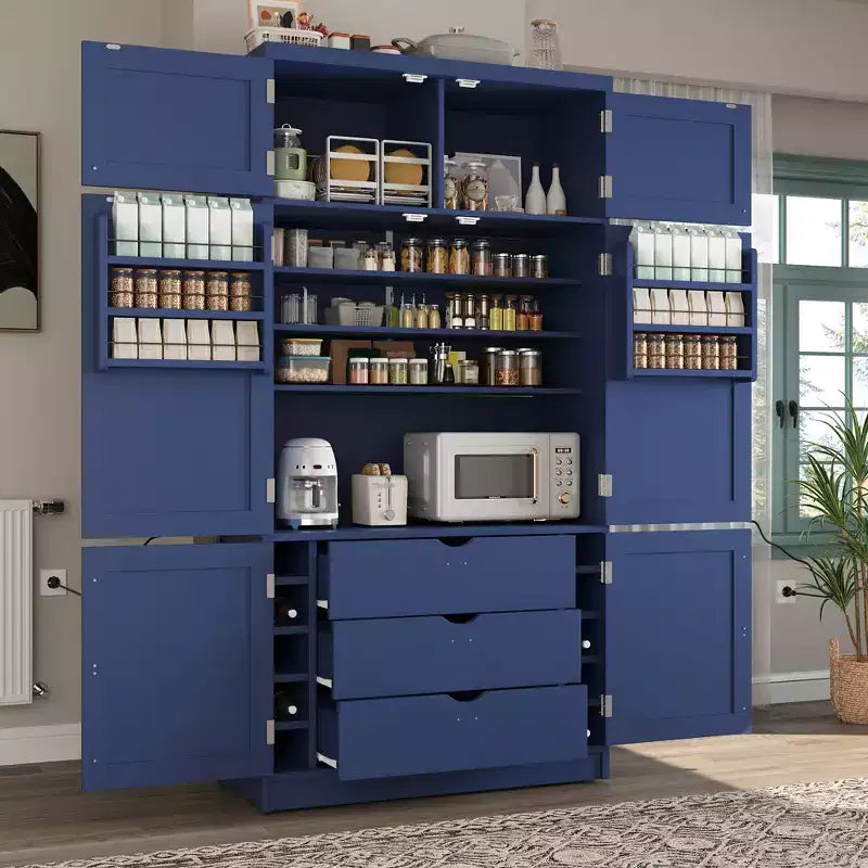 Tall Kitchen Pantry Cabinet with Power Outlets, Large Freestanding Cupboard with Microwave Stand, Drawers, Shelves, Wine Racks & Door-Shelf