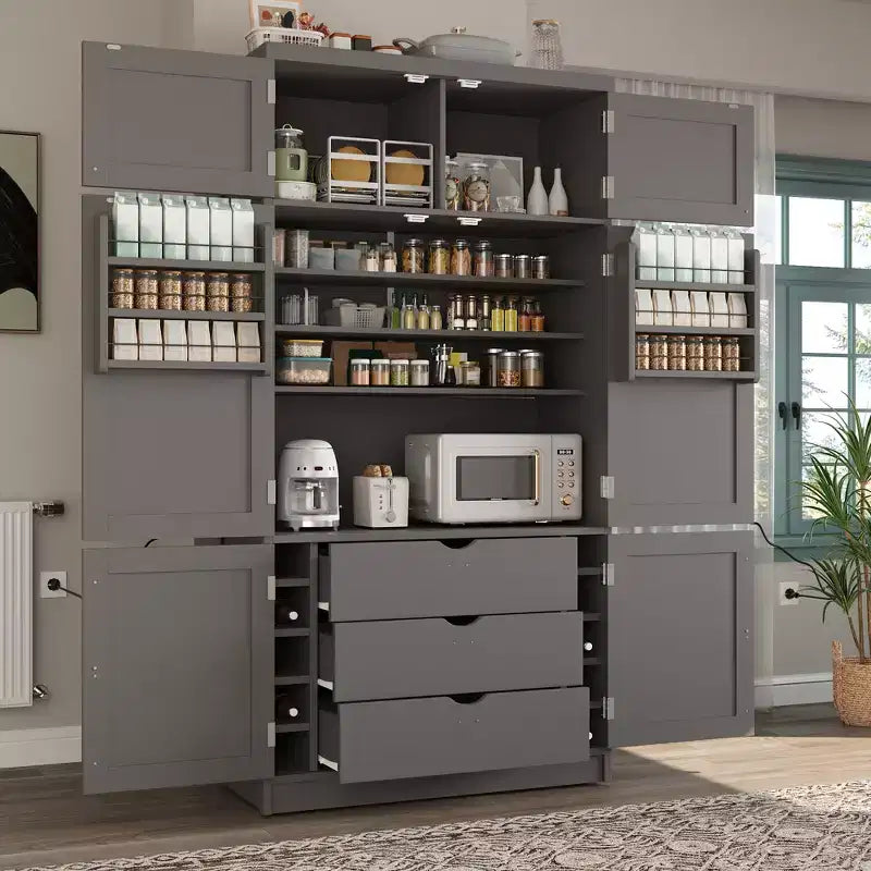 Grand meuble de garde-manger de cuisine avec prises électriques, grand placard autoportant avec support pour micro-ondes, tiroirs, étagères, casiers à vin et étagère de porte