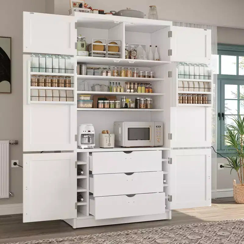 Grand meuble de garde-manger de cuisine avec prises électriques, grand placard autoportant avec support pour micro-ondes, tiroirs, étagères, casiers à vin et étagère de porte