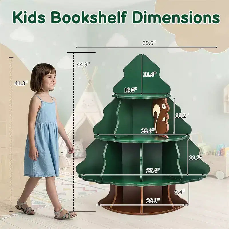 Étagère à Livres pour Enfants en MDF, 4 Niveaux, 12 Compartiments, Design Sapin de Noël et Écureuil