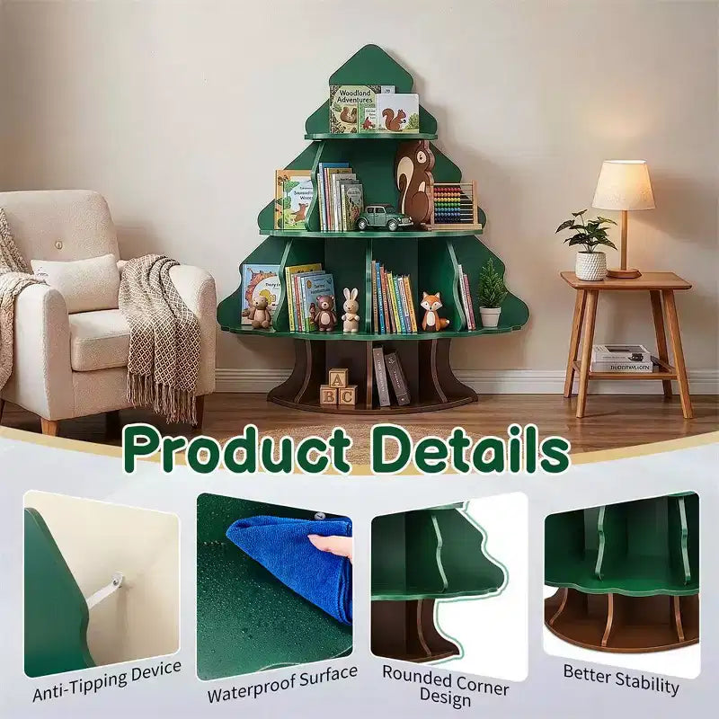 Étagère à Livres pour Enfants en MDF, 4 Niveaux, 12 Compartiments, Design Sapin de Noël et Écureuil
