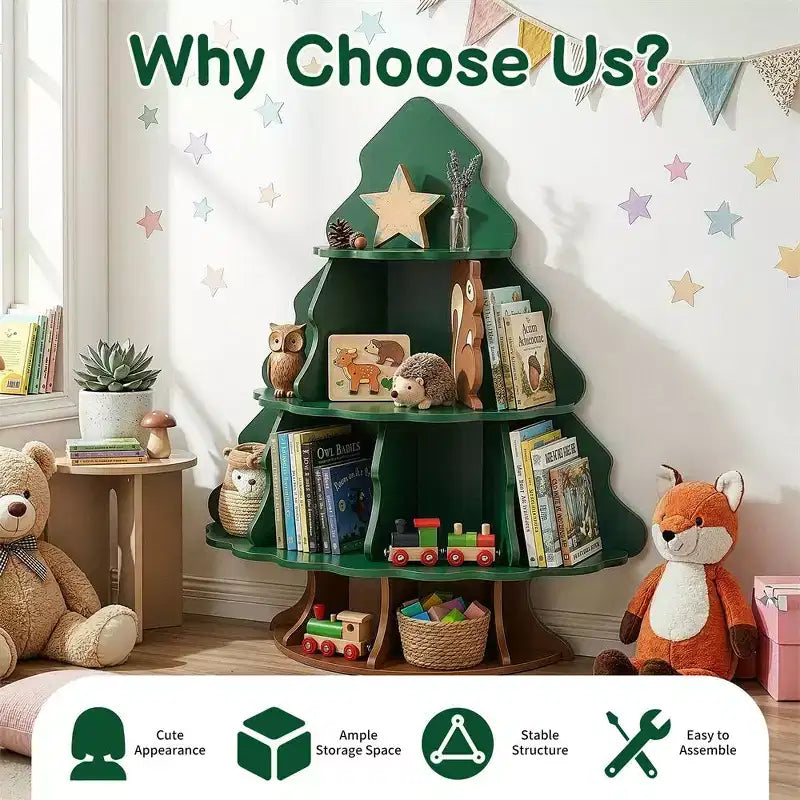 Étagère à Livres pour Enfants en MDF, 4 Niveaux, 12 Compartiments, Design Sapin de Noël et Écureuil
