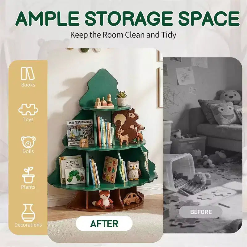 Étagère à Livres pour Enfants en MDF, 4 Niveaux, 12 Compartiments, Design Sapin de Noël et Écureuil