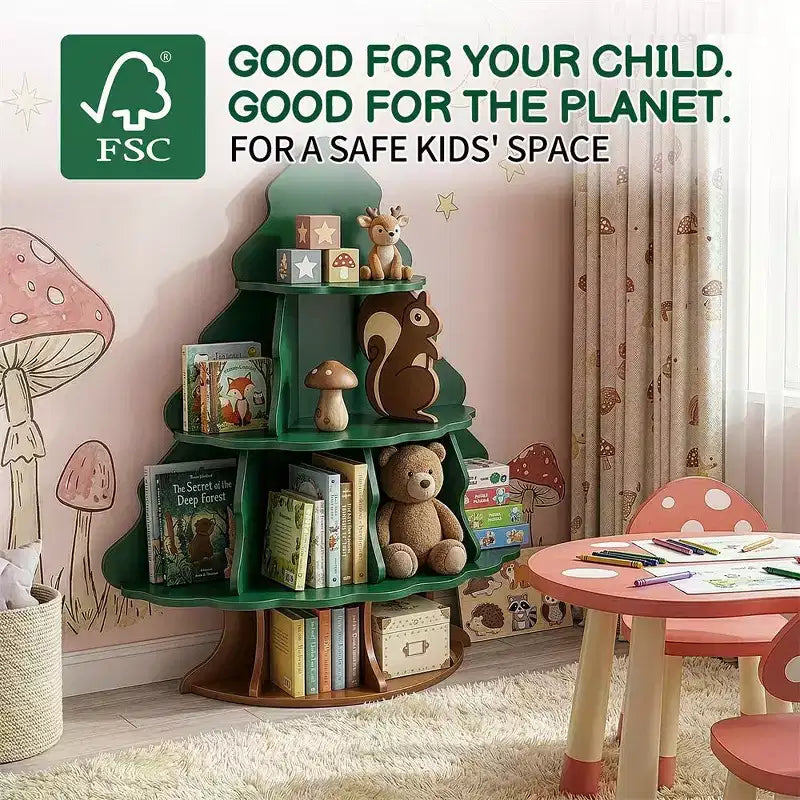 Étagère à Livres pour Enfants en MDF, 4 Niveaux, 12 Compartiments, Design Sapin de Noël et Écureuil