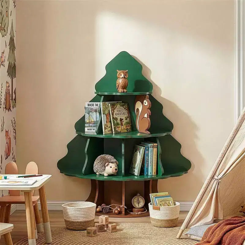 Étagère à Livres pour Enfants en MDF, 4 Niveaux, 12 Compartiments, Design Sapin de Noël et Écureuil