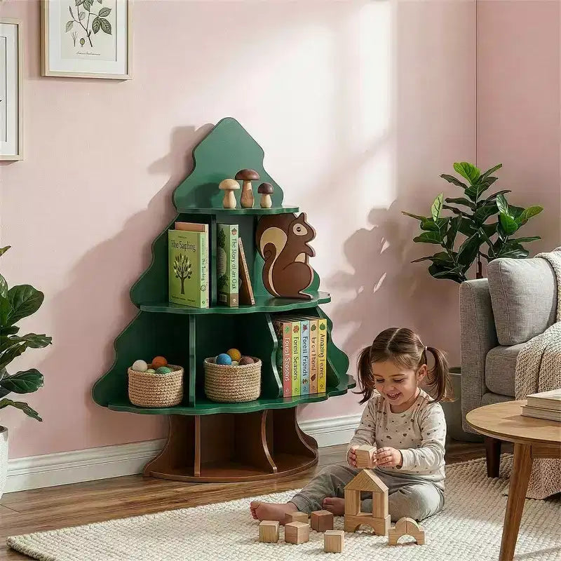 Étagère à Livres pour Enfants en MDF, 4 Niveaux, 12 Compartiments, Design Sapin de Noël et Écureuil