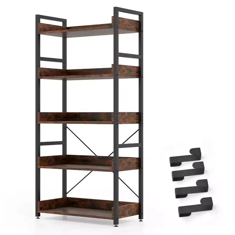 Gymax 1/2PC 5-Tier Storage Rack w/ Hooks Open Shelves Rustic Wood Grain Design Adjustable Feet Brown+Black